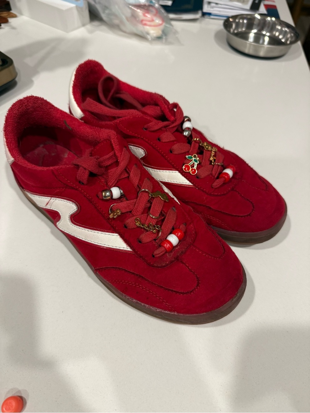 Madden Girl Red Suede Sneakers with White Side Stripe and Cherry Charms